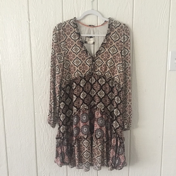 Anthropologie Boho Brown and Cream Bishop Tiered Mini Dress Size S NWOT - Picture 2 of 11